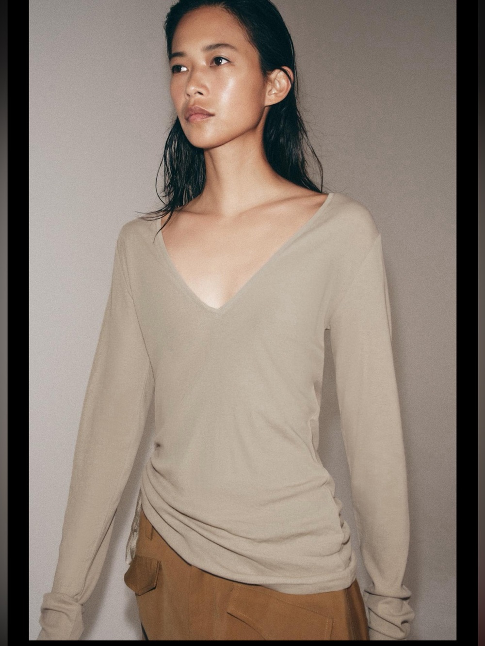 Zara V neck cotton T- shirt with side ties , long sleeves, neutral color